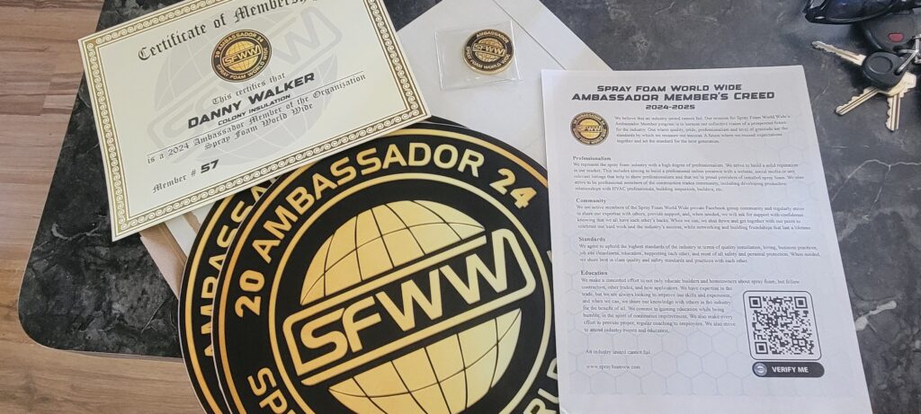 Danny Walker of Colony Insulation recognized as a 2024 Ambassador Member of Spray Foam World Wide (SFWW)