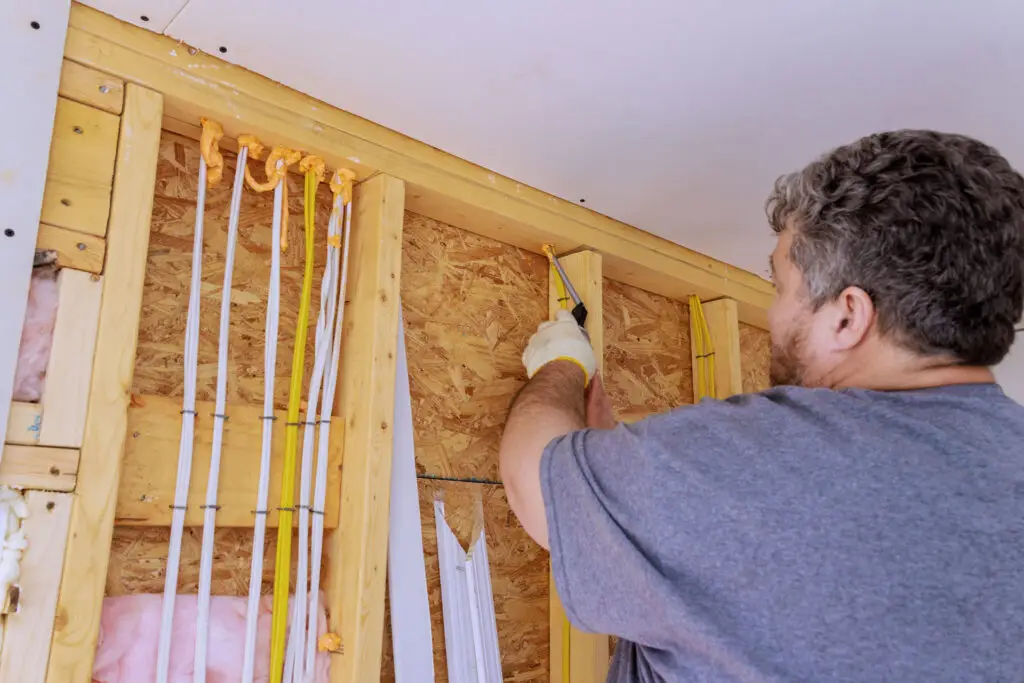 Technician sealing electrical penetrations to reduce air leakage before adding insulation
