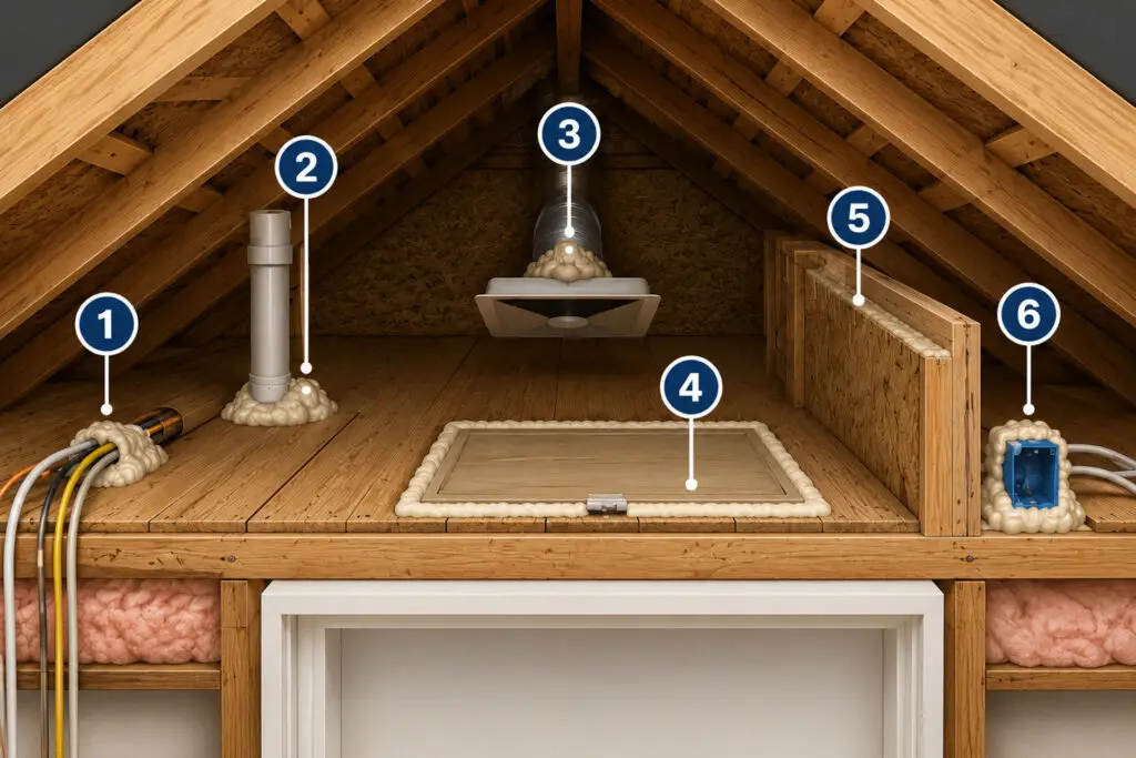 Illustration showing common attic air leak locations around wiring, plumbing vents, bathroom exhaust duct, attic access hatch, wall top plates, and electrical boxes before adding insulation