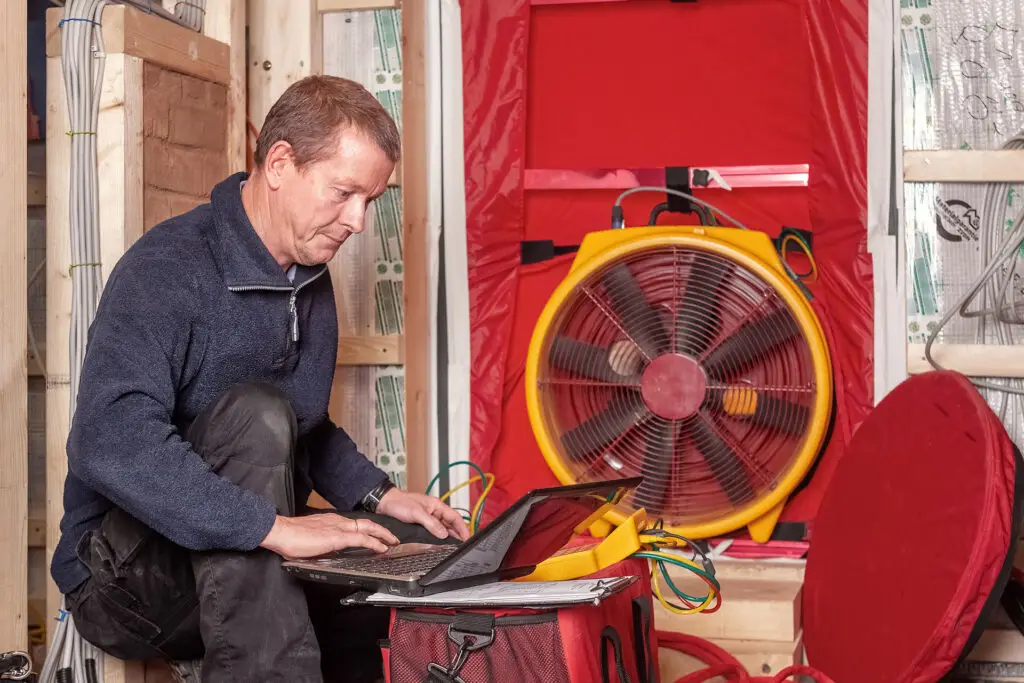 Technician performing a blower door test to identify air leaks before recommending insulation improvements