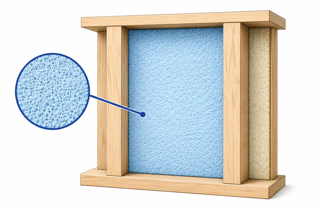 Diagram of closed cell spray foam insulation applied to wall cavities to improve energy efficiency and moisture resistance