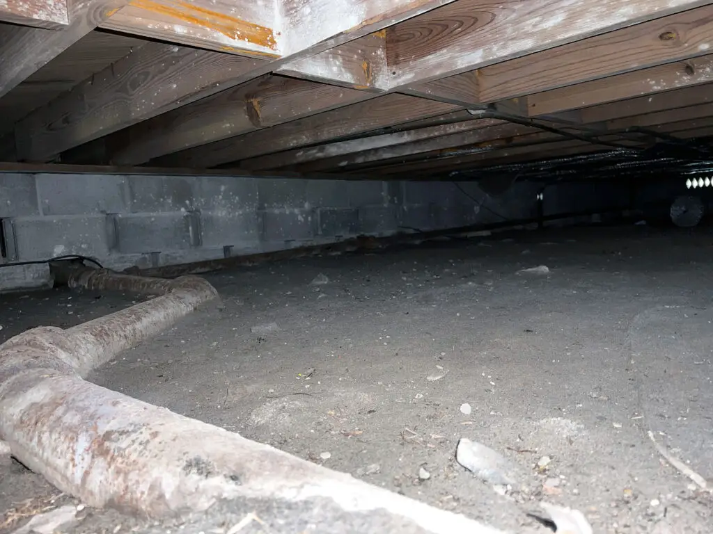 Crawl space with exposed soil, stained floor joists, and aging plumbing that may indicate moisture-related problems beneath a home