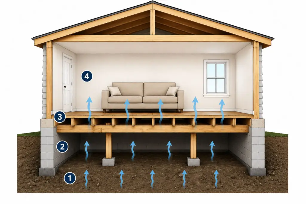 Illustration showing how moisture rises from a crawl space into the living area through the floor system, affecting indoor air quality, insulation performance, and home comfort