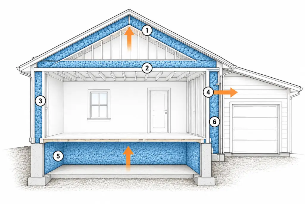 Diagram showing common spray foam insulation applications including roof deck, attic, exterior walls, rim joists, crawl space, and garage wall