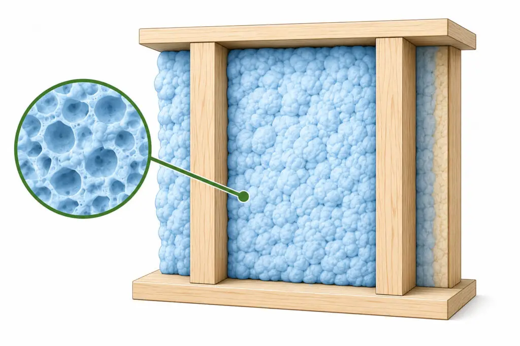 Diagram of open cell spray foam insulation installed between wall studs