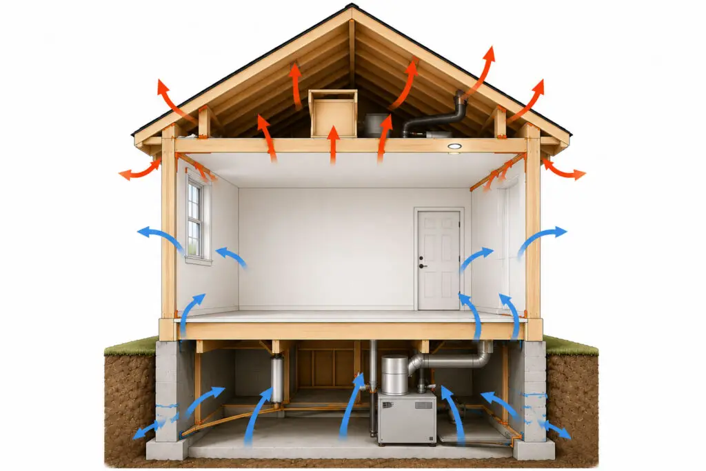Illustration showing stack effect, air leakage, and airflow throughout a home to explain how air sealing and insulation work together.